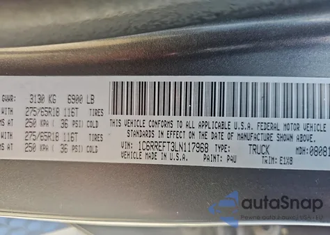 2020 Ram 1500 Big Horn/Lone Star z USA, uszkodzony, nr VIN 1C6RREFT3LN117968